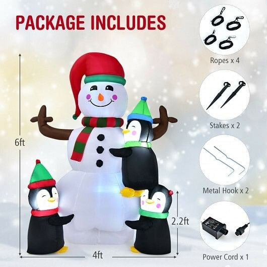 6 Feet Christmas Quick Inflatable Snowman with Penguins